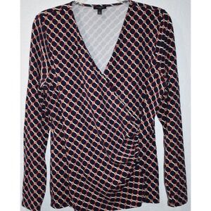 Talbots Petite Large Faux Wrap Stretch Top Jewel Tone V-Neck Blouse Long Sleeve